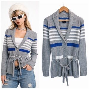 Tommy Girl Y2K Gray Blue Striped Tie Waist Cardigan Sweater L Preppy 2000s